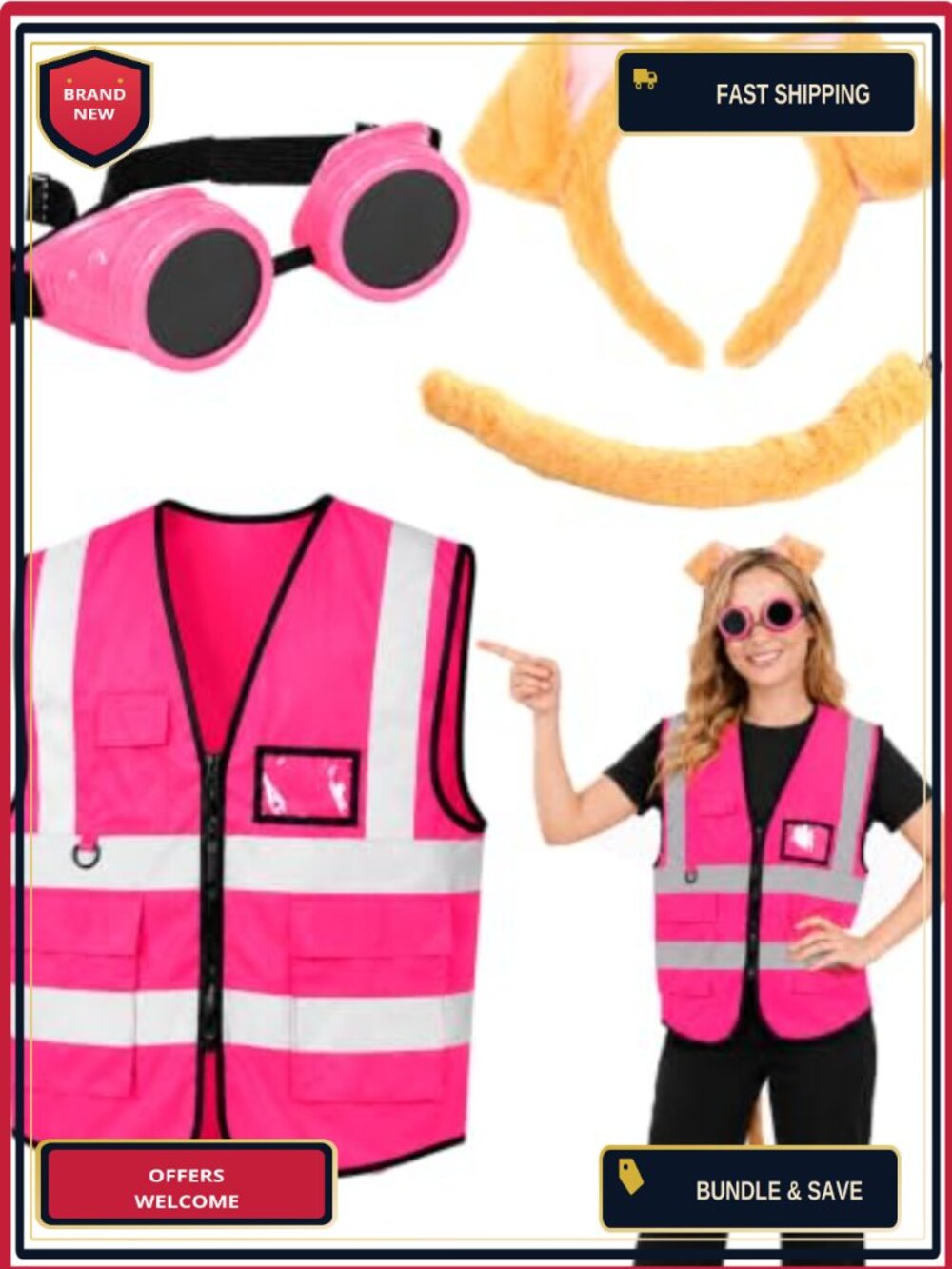 4 Pc Pink Puppy Dog Costume Set Headband Tail Vest Goggles Halloween Cosplay